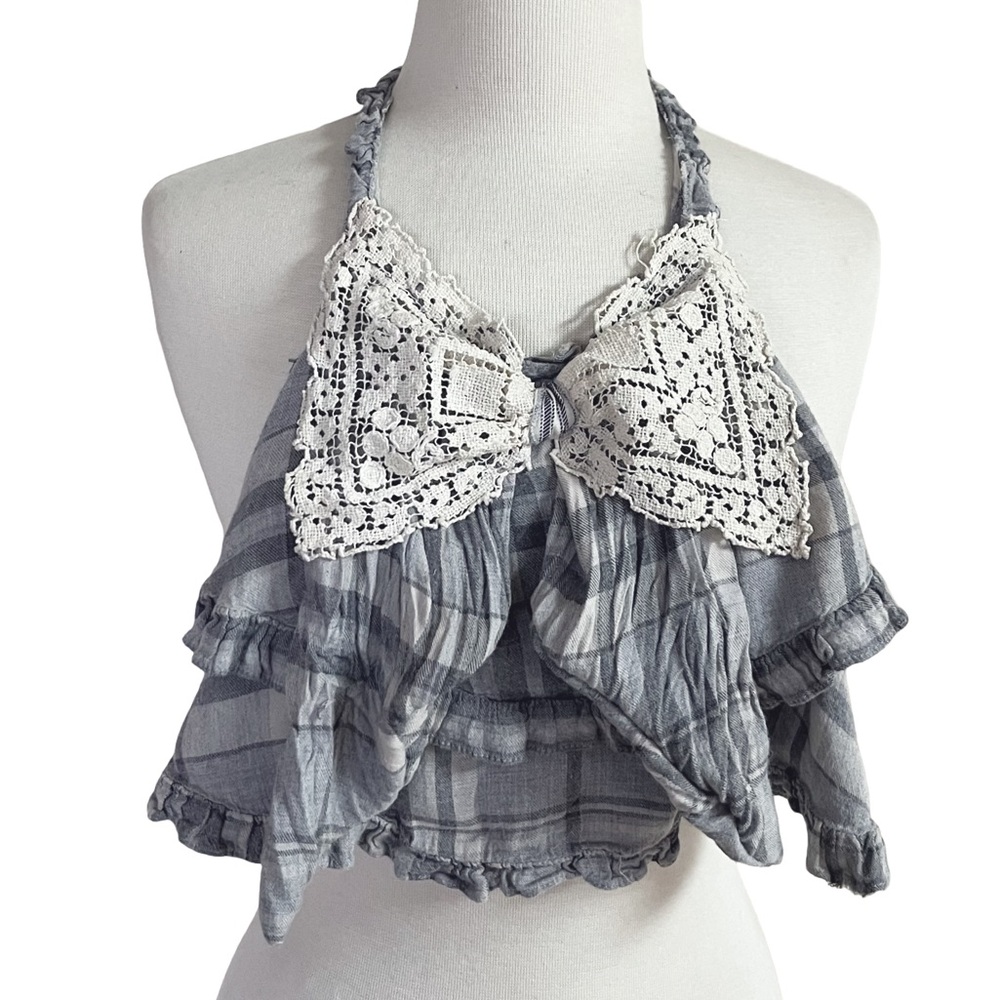 Soft Deconstructed Blue Gray Plaid Neck Jabot w/ Lace Bow Handmade Romantic